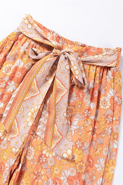 Grapefruit Oranje Strik Taille Boho Bloemen Wijde Pijp Broek