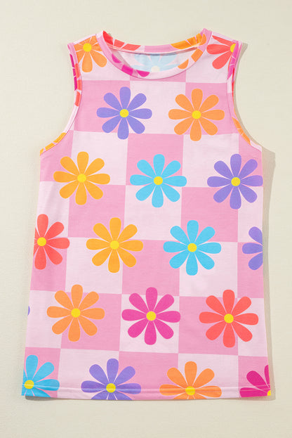 Roze mouwloze top met ronde hals en bloemenprint