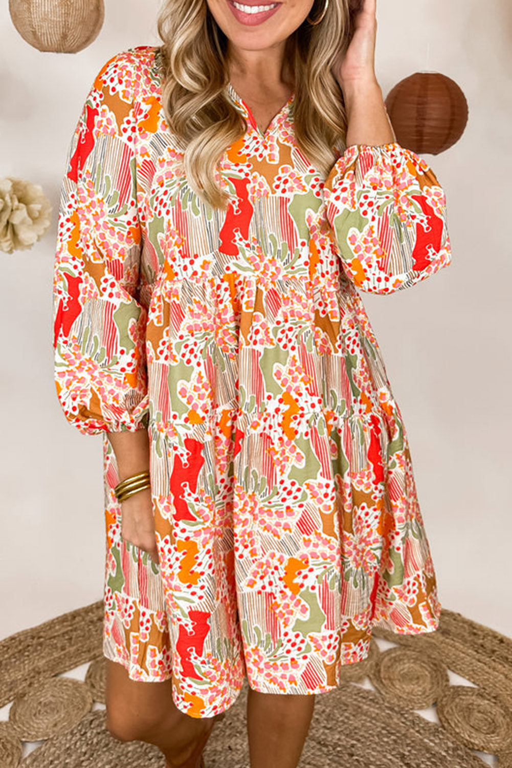 Multicolour Split Neck Puff Sleeve Flowy Print Jurk