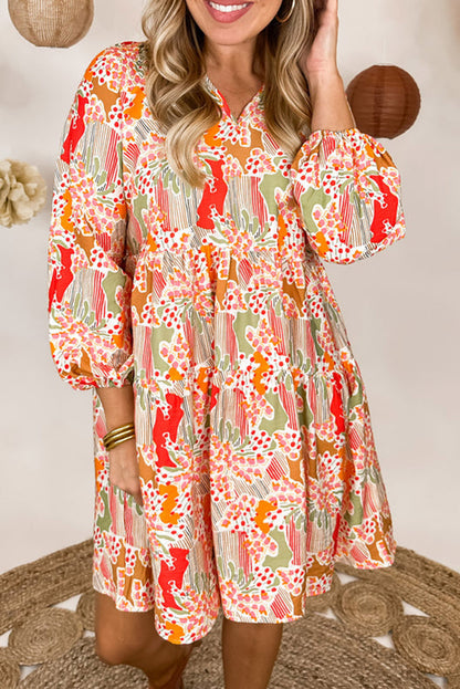 Multicolour Split Neck Puff Sleeve Flowy Print Jurk