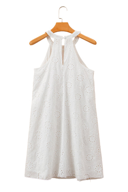 Witte Boho Halter Halter Mouwloze Jurk met Oogjespatroon