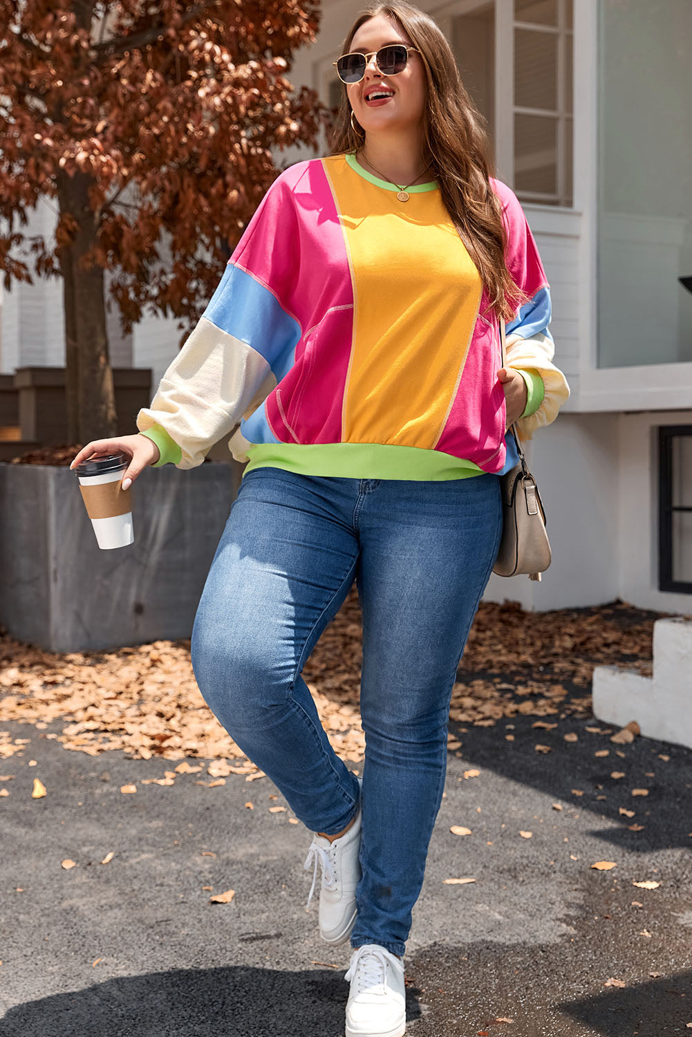 Rozerood Plus Size Colorblock Patchwork Sweatshirt met zichtbare naden