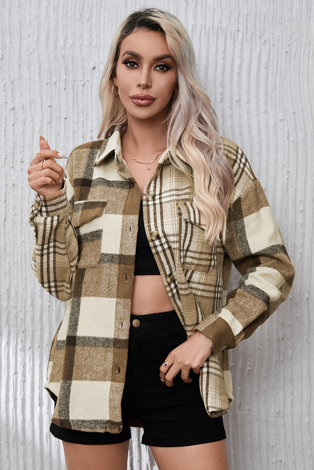 Perkament Contrast Plaid Patchwork Flap Pocket Shacket