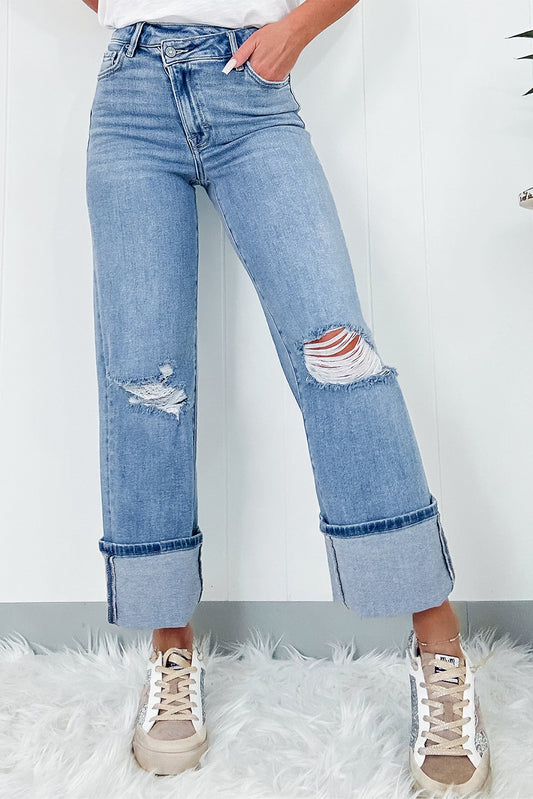 Dusk Blue High Rise Asymmetrische Knoopsluiting Ripped Jeans