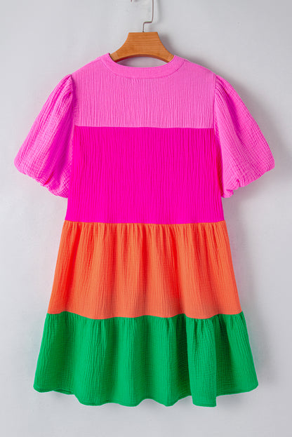 Multicolor Color Block gelaagde pofmouwjurk