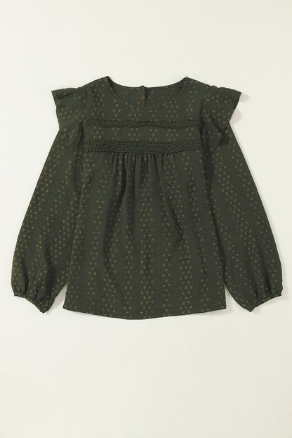 Zwartgroene kanten blouse met ruches op de schouder en lange mouwen