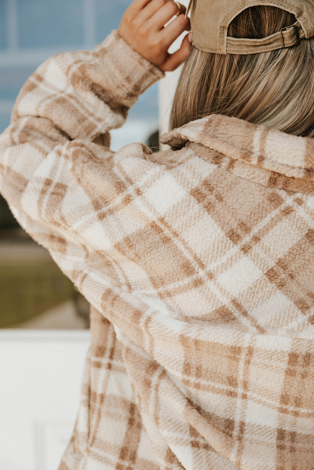 Khaki Sherpa Plaid-jas met knoopsluiting en zakken