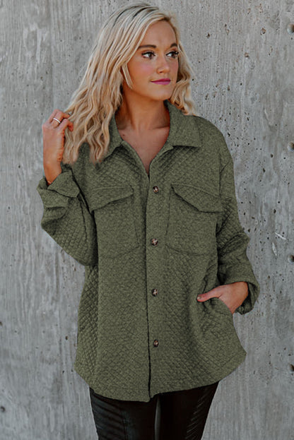 Groene Retro Quilted Flap Pocket Knoop Shacket