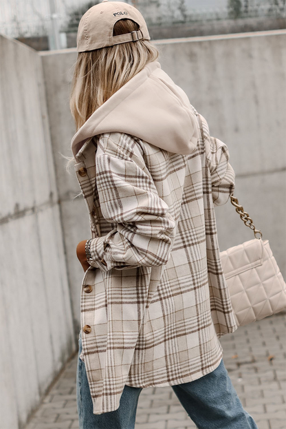 Khaki Plaid Afneembare Capuchon Geknoopte Shacket