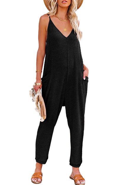 Grijze, getextureerde, mouwloze, V-hals, casual jumpsuit met zakken