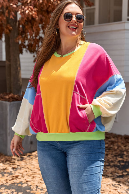 Rozerood Plus Size Colorblock Patchwork Sweatshirt met zichtbare naden