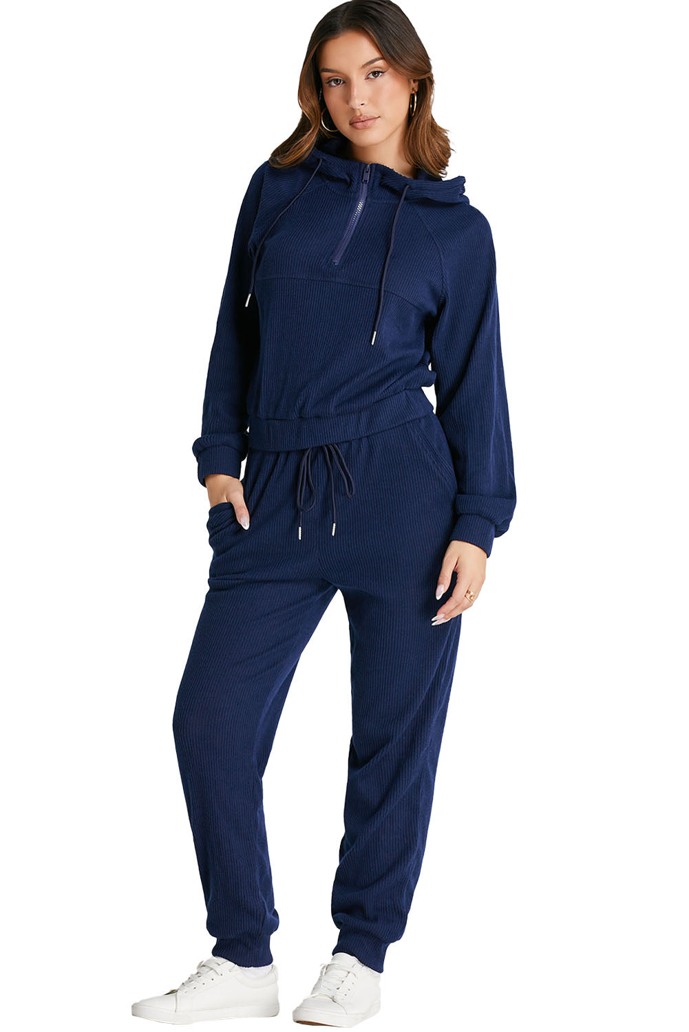 Marineblauwe geribbelde gebreide cropped hoodie en trekkoordjoggingbroekset