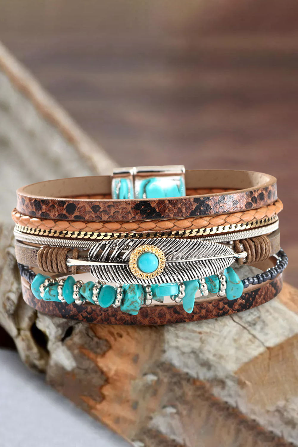 Bruine vintage turquoise meerlaagse leren armband 