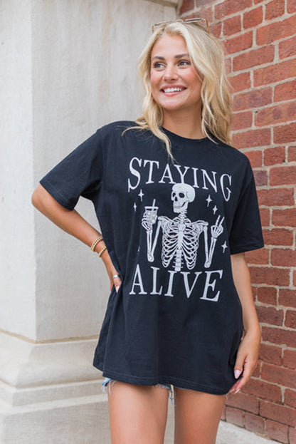 Zwart STAYING ALIVE Grappig Skelet Print Ronde Hals T-shirt