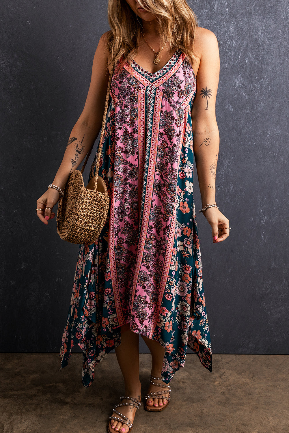 Roze Bohemian Floral Patchwork Print Lange Zomerjurk