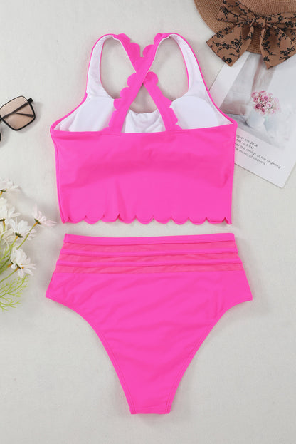 Pink Scalloped Criss Cross High Waist Bikini