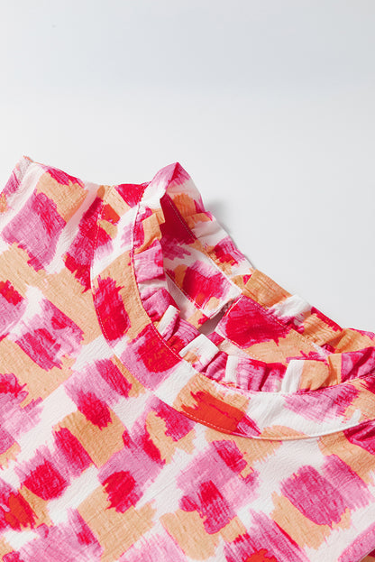 Roze abstracte print geplooide hals mouwloze mini-jurk