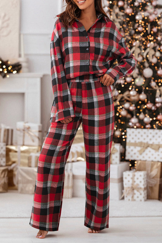 Ensemble de détente rouge à carreaux avec chemise ample et pantalon de Noël