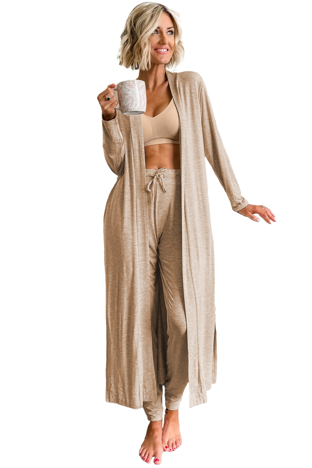 Light Grey Split Long Cardigan and Skinny Pants Lounge Set