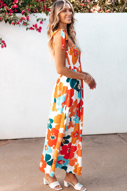 Orange Floral Self Tied Straps Smocked Bust Maxi Dress