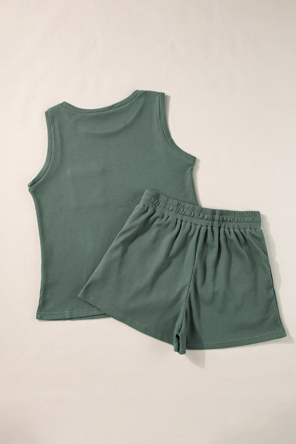 Mist Green Waffle Knit Patched Pocket Tank en Drawstring Shorts Set