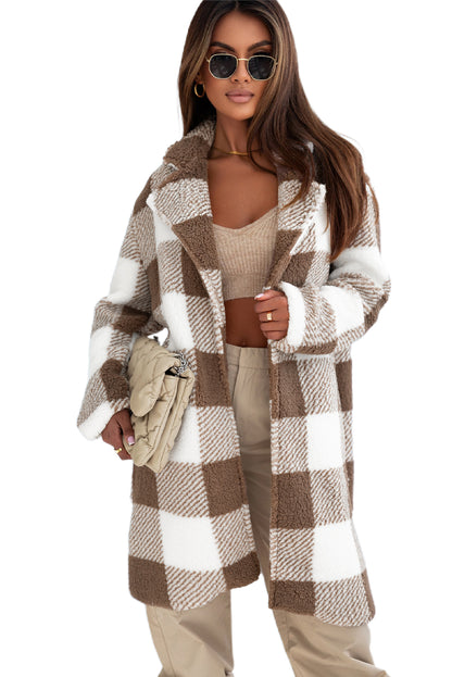 Brown Plaid Lapel Collar Long Open Front Coat