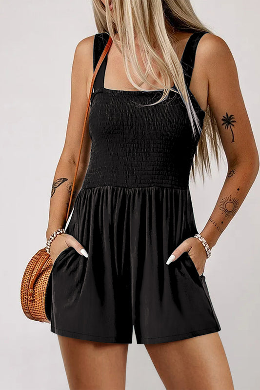 Black Casual Pocketed Smocked Sleeveless Romper