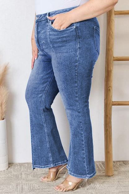 Blauwe Plus Size Open Naad Hoge Taille Flare Jeans