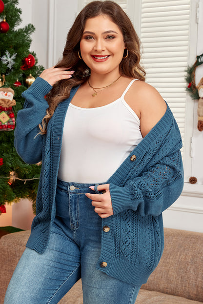 Echte Teal Open Knit V-hals Knoopsluiting Voorkant Drop Schouder Plus Size Cardigan