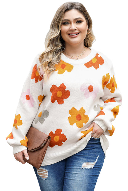 Witte plus size bloemenpatroon geribbelde casual trui