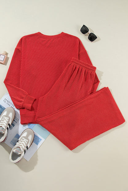 Vurig rood JOLLY Corded Long Sleeve Top en Broekset met Zakken