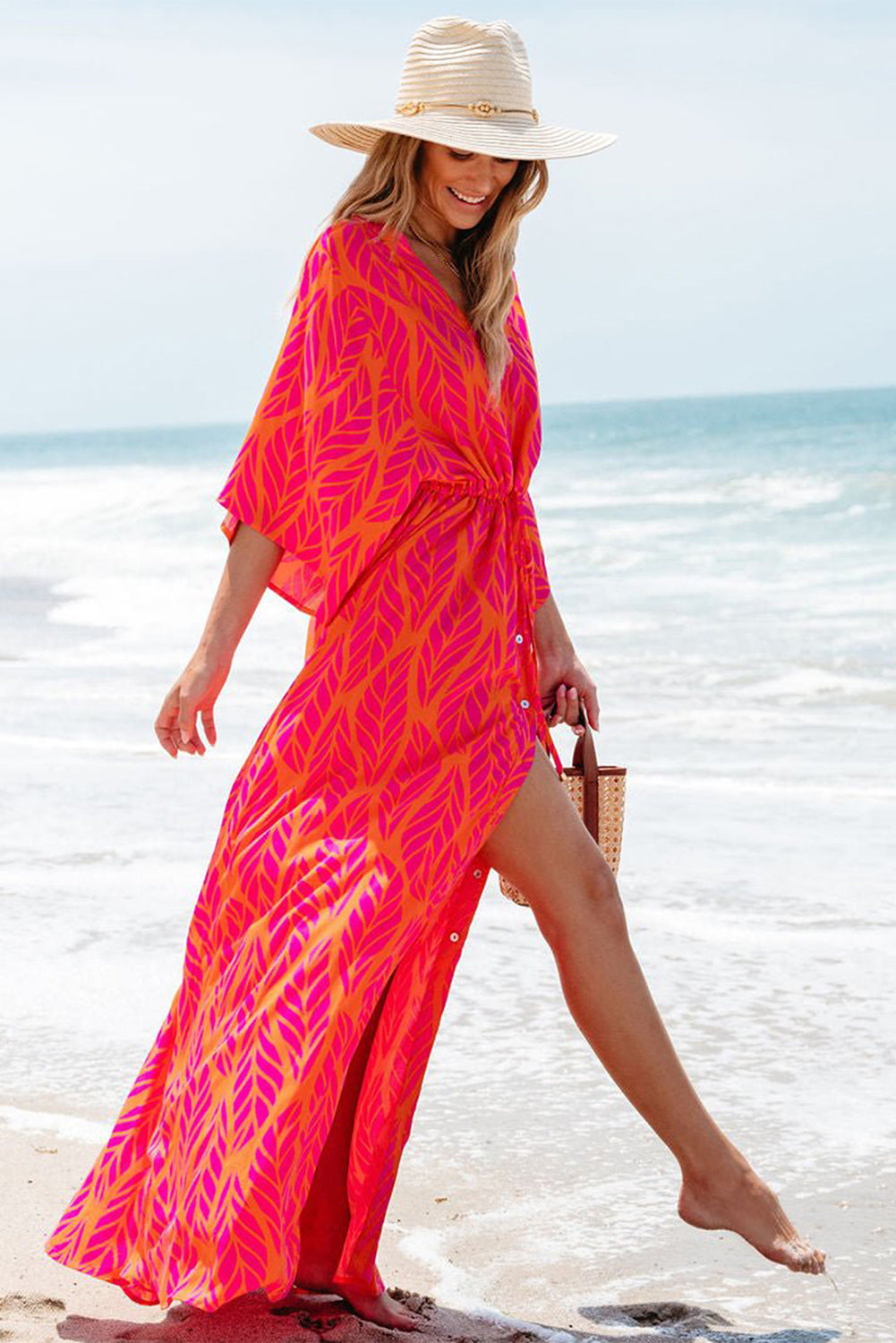 Orange Leafy Print 3/4 Sleeve V Neck Buttoned Split Maxi Dress