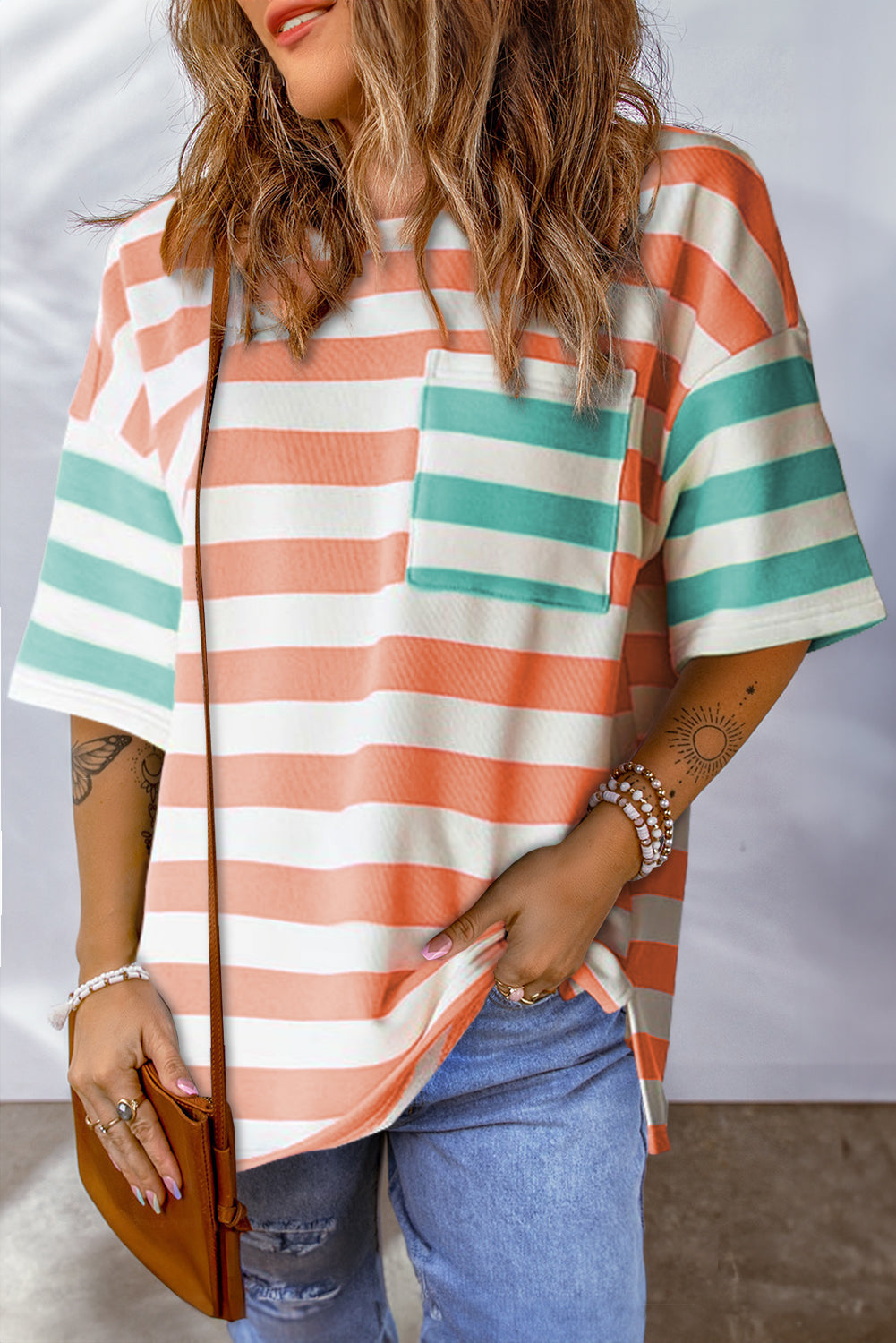 Roze streep contrast patch zak drop mouw T-shirt