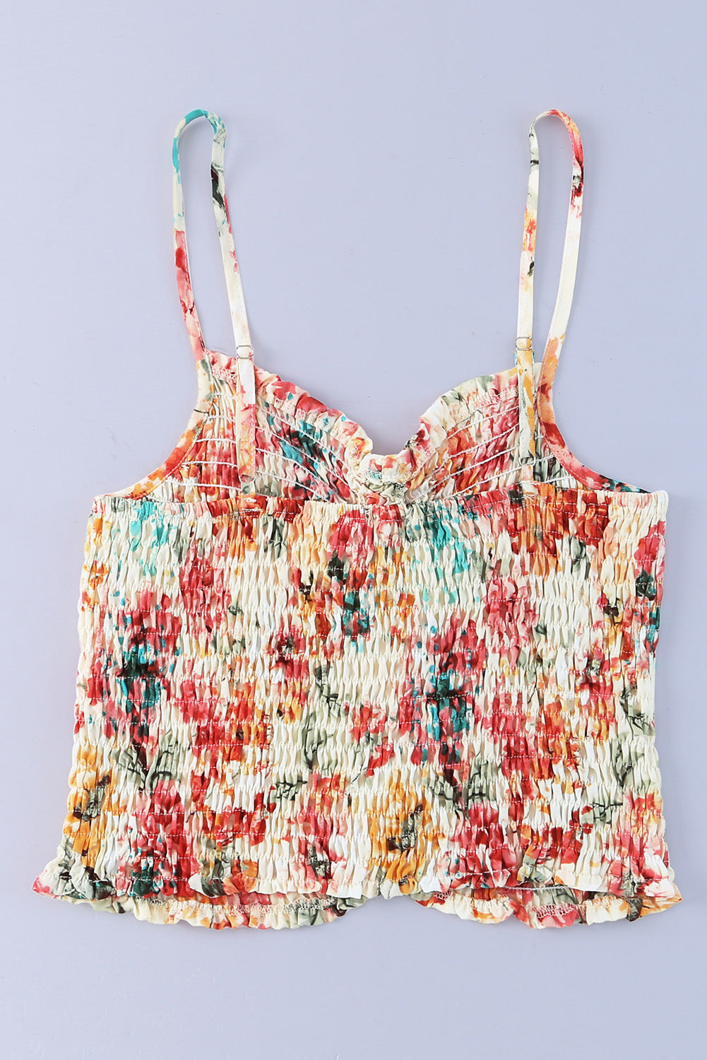 Abrikoos bloemenprint gesmokte tanktop met ruches