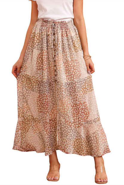 Abrikoos Boho Bloemenprint Gesmokte Taille Knoop Split Maxi Rok