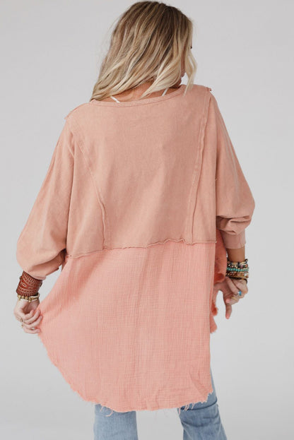 Camel Crinkle Splicing Raw Hem High Low Oversized Blouse