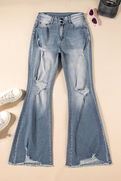 Dusk Blue Vintage Light Wash Ripped Raw Edge Flare Jeans