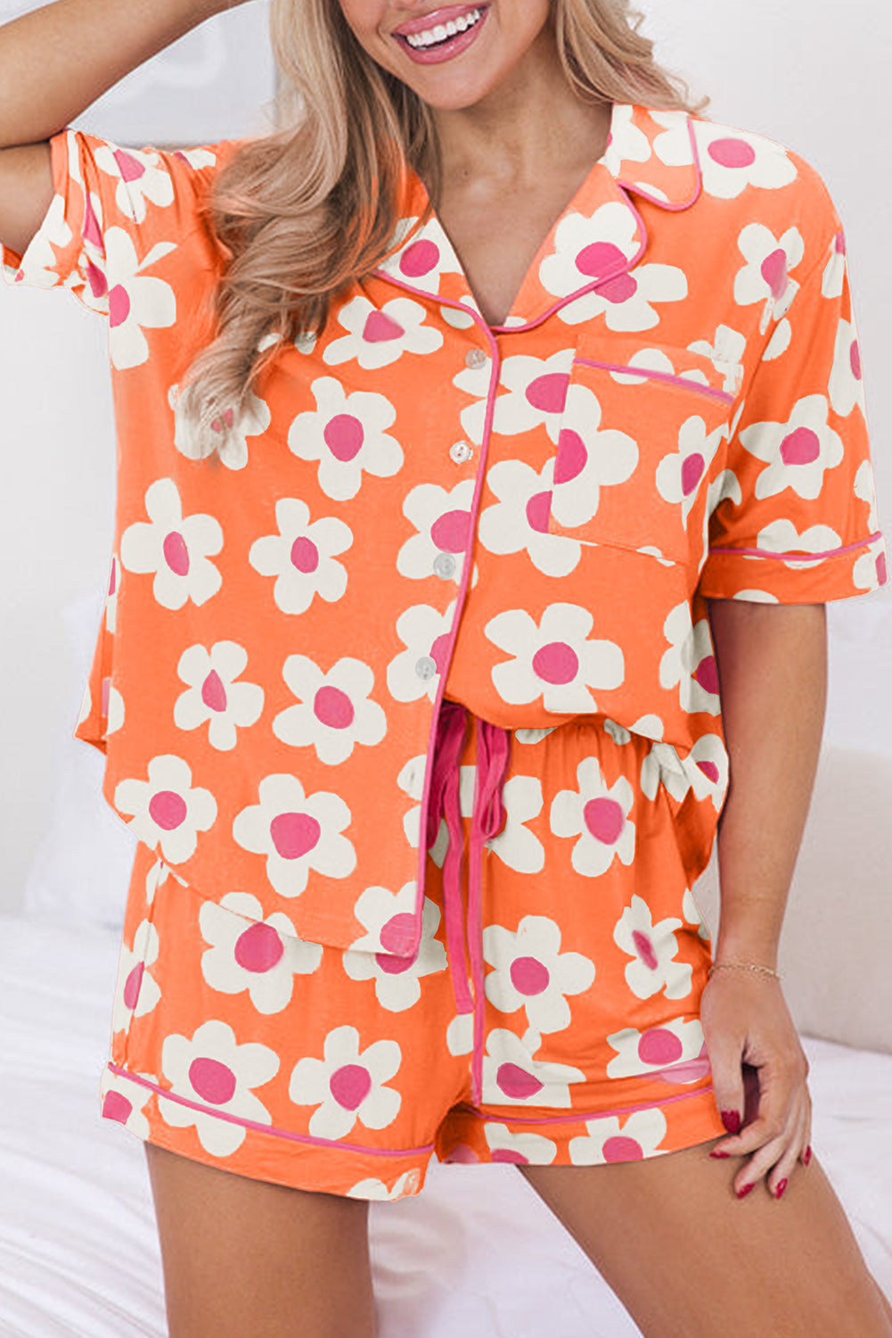 Pink Flower Print Short Sleeve Shirt Pajamas Set