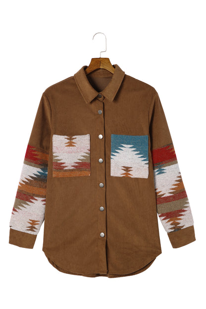 Khaki Aztec-patroon corduroy shacket