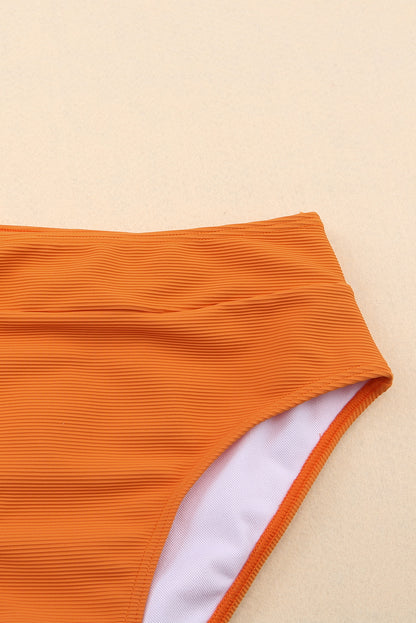 Orange Color Block Spaghetti Strap High Waist Bikini Swimsuit