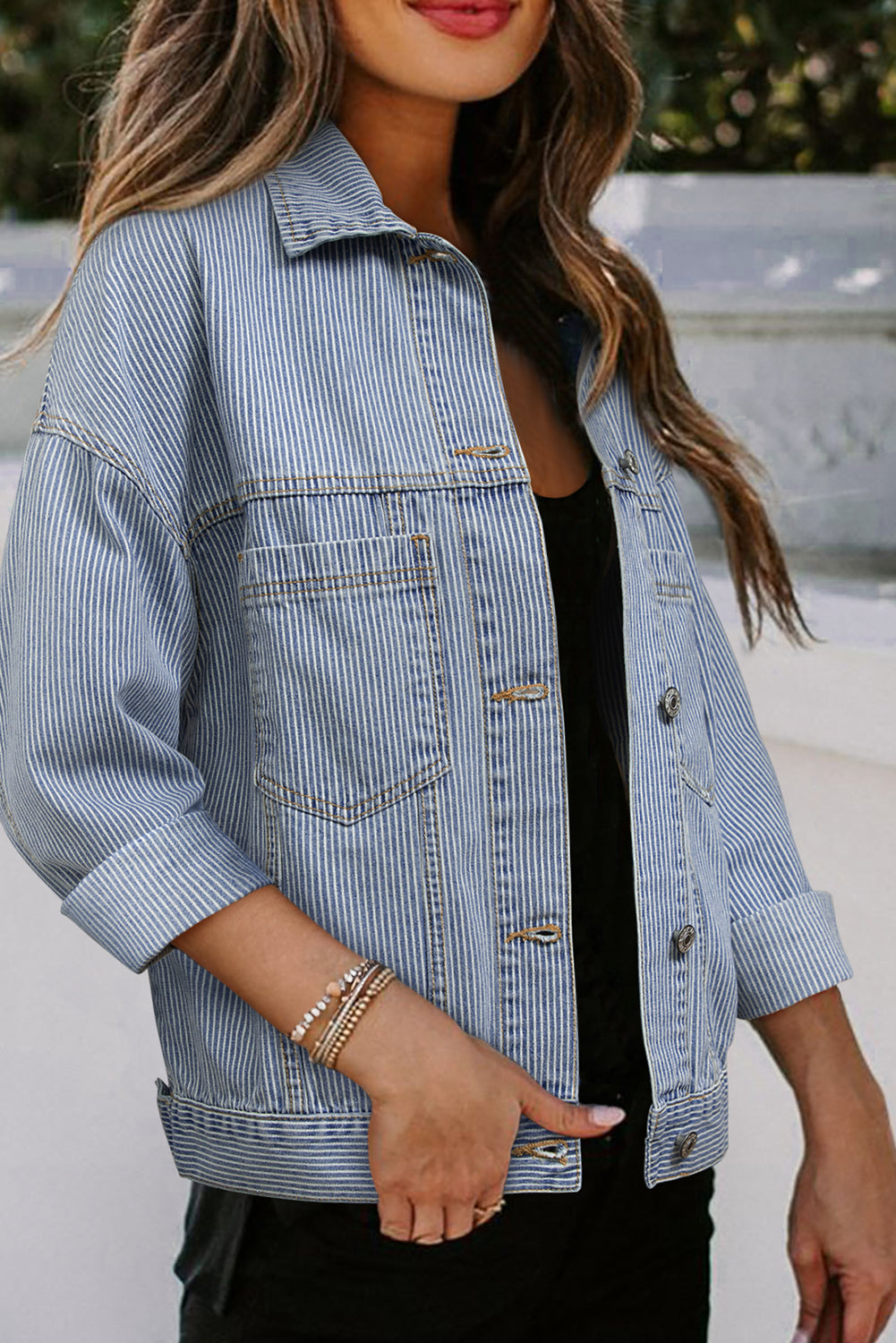 Blue Stripe Washed Oversize Pocketed Denim Jacket