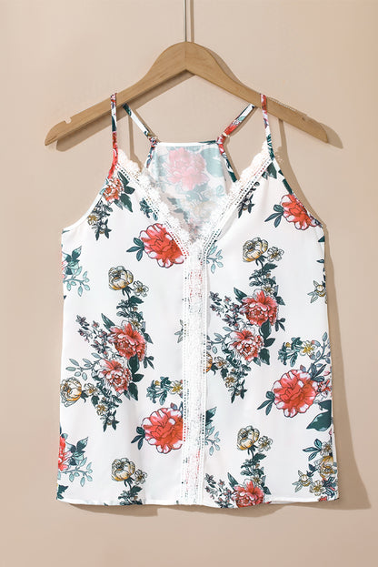 Witte tanktop met kanten V-hals en bloemenprint