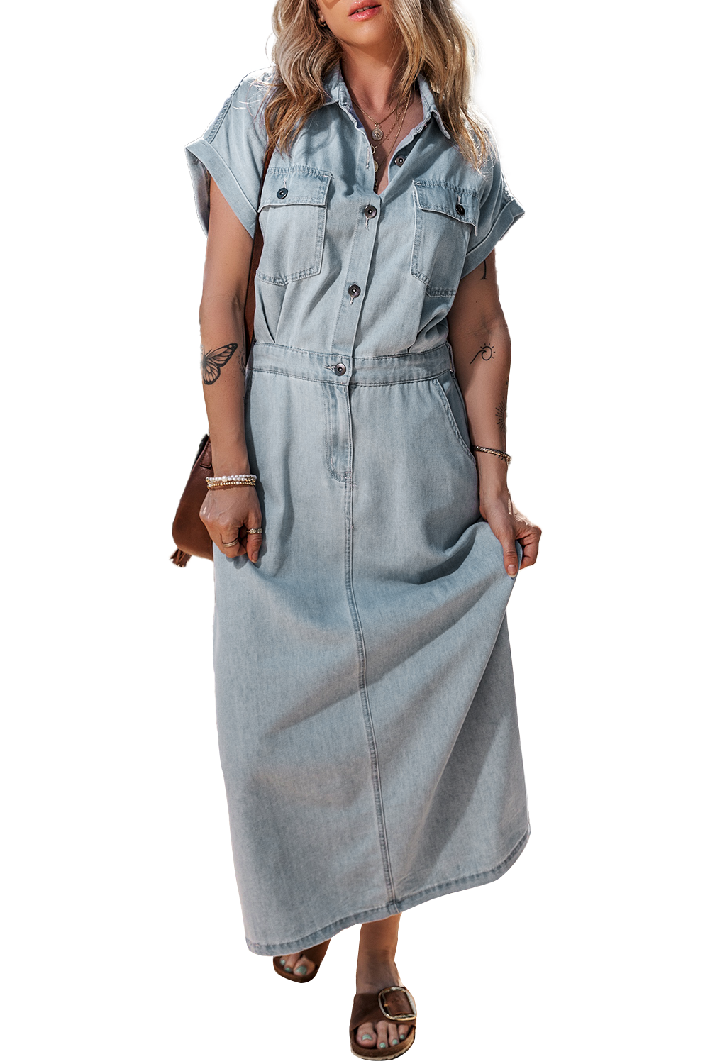 Beau Blue Short Batwing Sleeve Slit Back Denim Dress