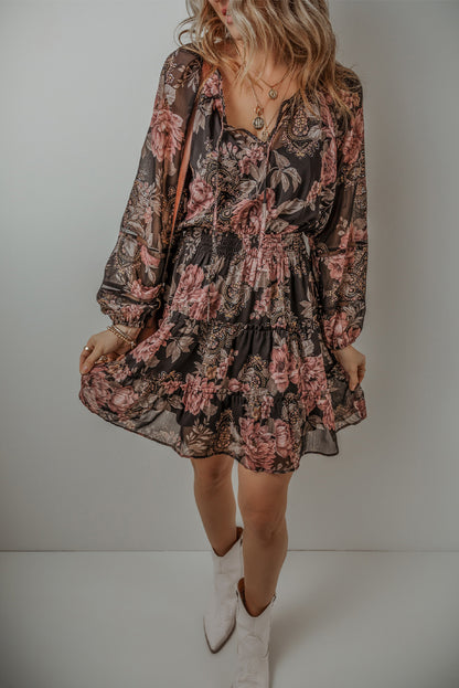 Black Vintage Floral Puff Sleeve V Neck Smock Waist Dress