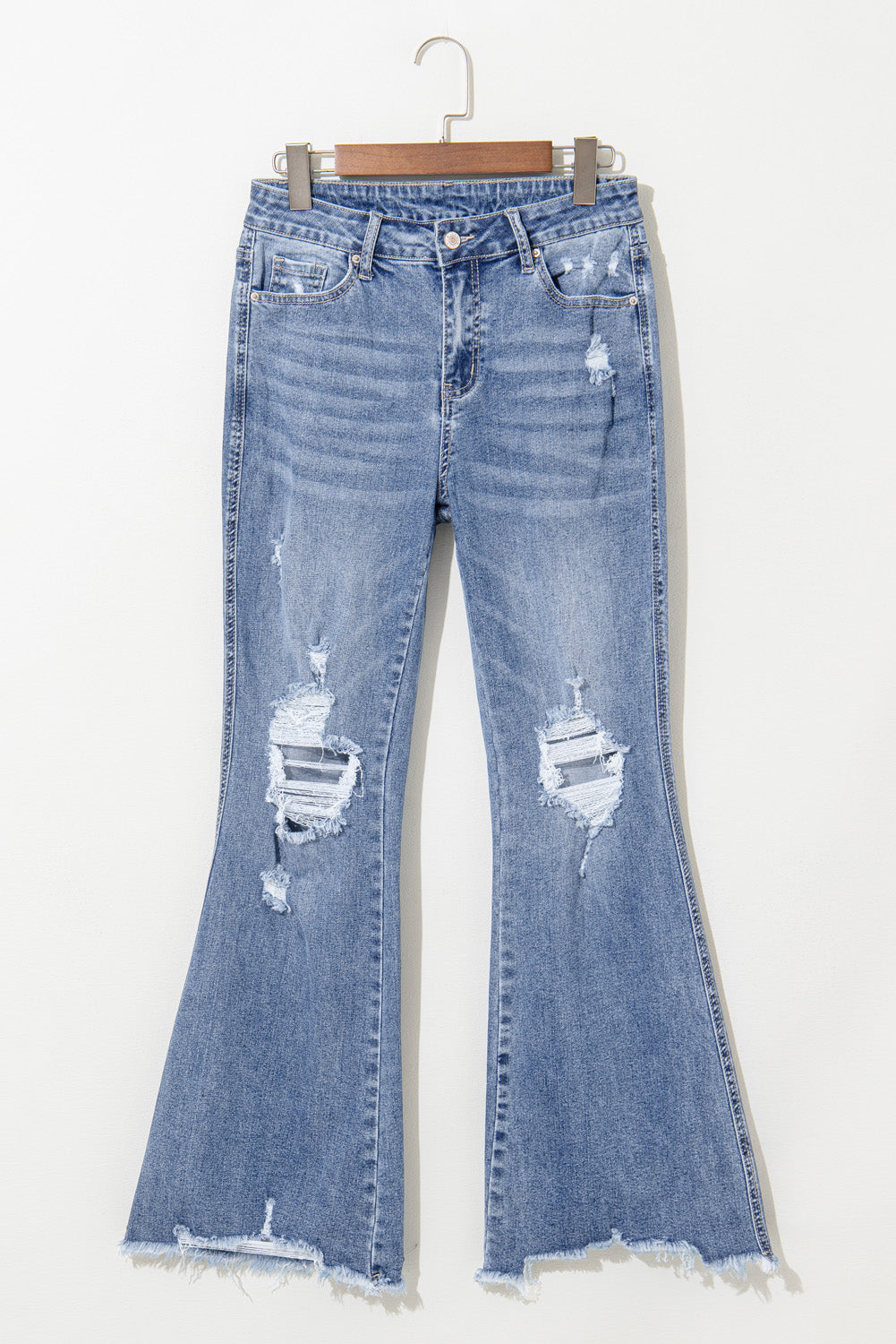 Dusk Blue High Rise Ripped Distressed Zoom Flared Jeans