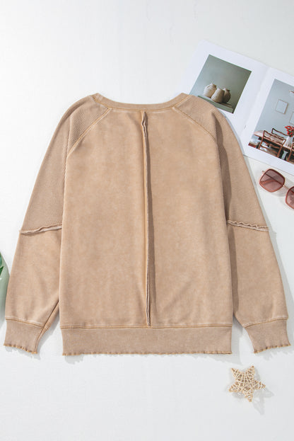 Licht Frans beige effen wafel gebreide patchwork raglanmouw sweatshirt