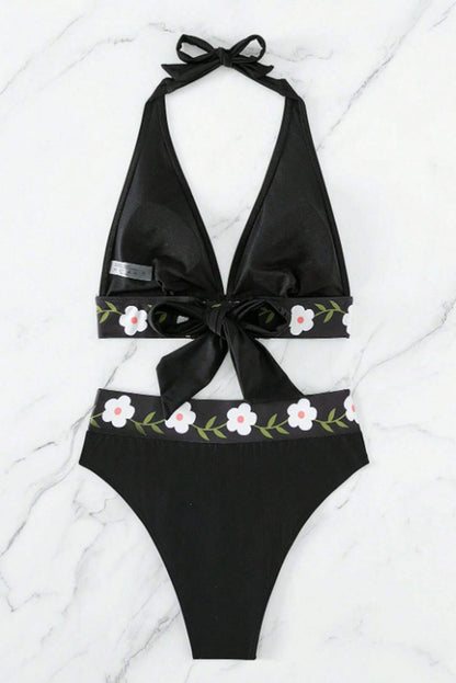 Black Floral Banded Halter High Waisted Swimsuit