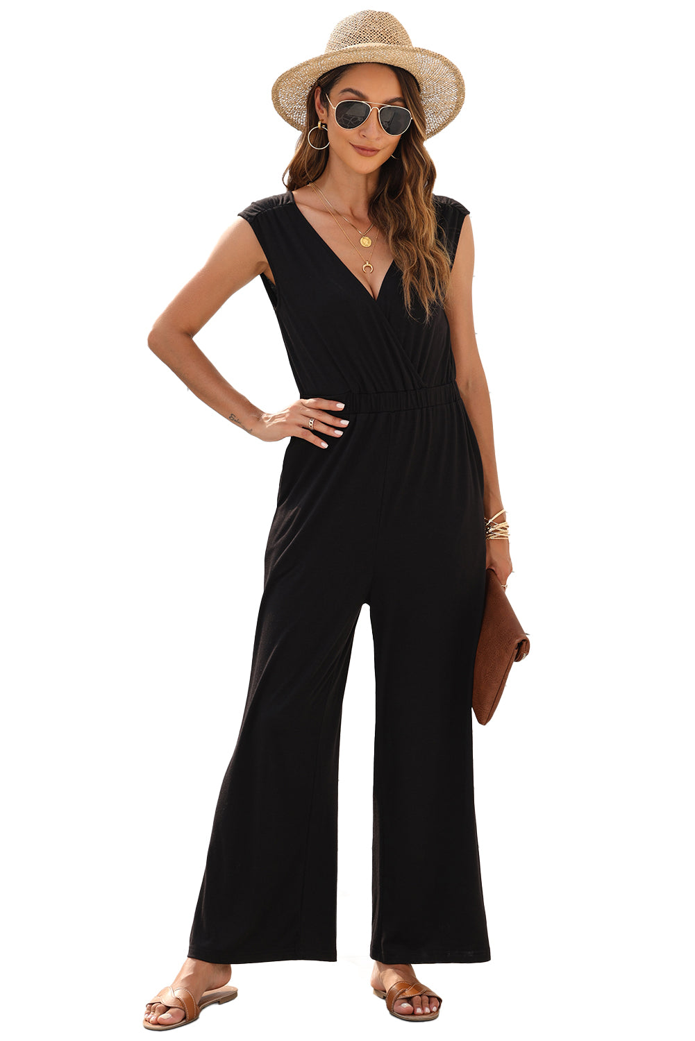 Zwarte Diepe V Geplooide Criscross Wijde Broek Rugloze Jumpsuit