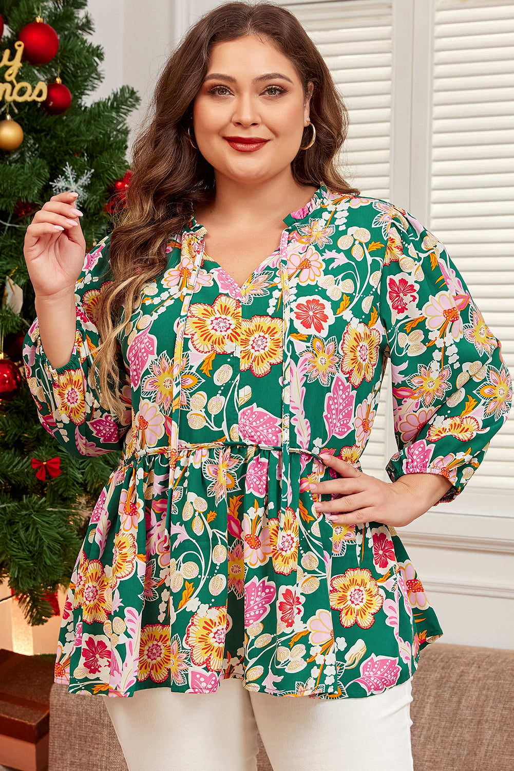 Groene bloemen geknoopte V-hals lange mouw plus size babydoll top