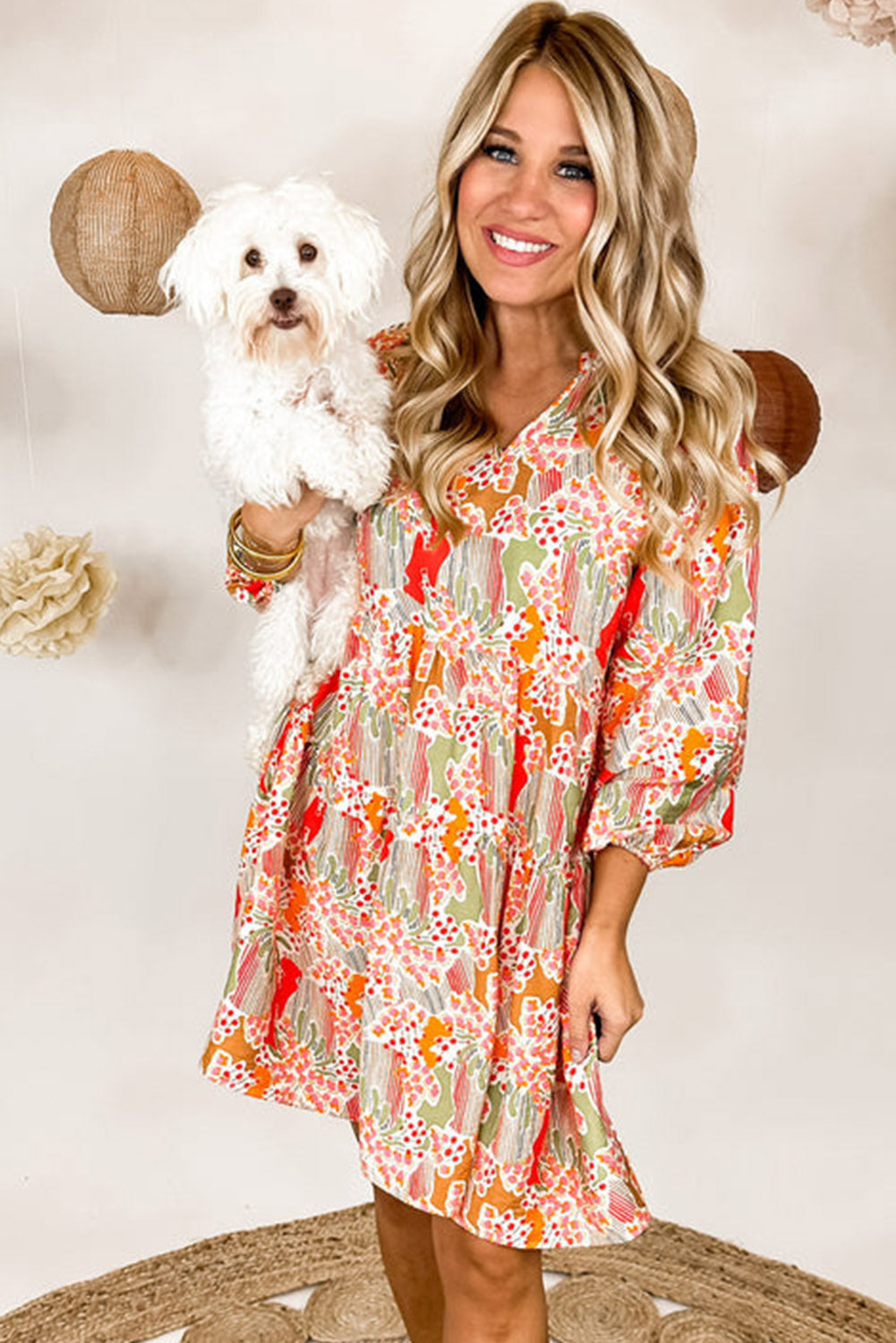 Multicolour Split Neck Puff Sleeve Flowy Print Jurk